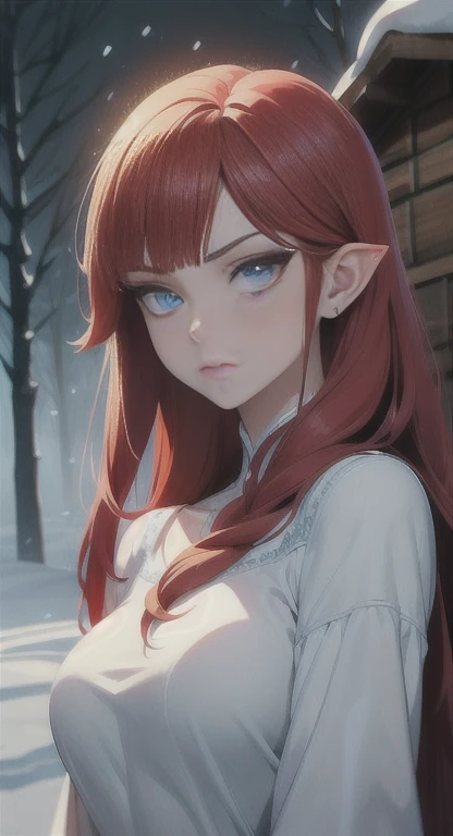 Frozen misty Forest, ancient being, winter, snow, ice princess, Hylia, red hair, blue eyes, eyes in the fog, regal appearance, cabin, look bored,