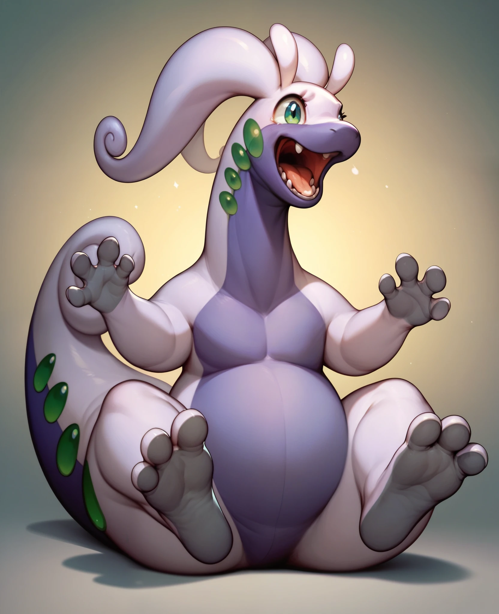 Goodra , Pokémon, whole body, original pokemon design, until, Alone, showing soles, two toes, gray soles , big toes. Sitting and Showing Feet to the screen. Roaring. Spreading toes.
