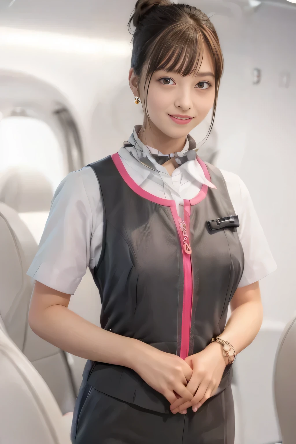 (masterpiece:1.2, Highest quality:1.2), 32k HDR, High resolution, (alone、1 girl)、（On the roof of a building、Professional Lighting）、daytime background、（Realistic style of JR Gran Class crew uniform）、Short sleeve blouse、a scarf around the neck、（JR Gran Class flight attendant uniform with pink parts on the skirt sleeves）、（The uniform of the flight attendants of JR Gran Class has a pink line on the front zipper of the vest.）、There are no pink lines on the uniform skirts of flight attendants in JR Gran Class、Dark brown hair、（Hair tied up、Bun Hair）、Dark brown hair、Long Shot、Big Breasts、（（Great hands：2.0）），（（Harmonious body proportions：1.5）），（（Normal limbs：2.0）），（（Normal finger：2.0）），（（Delicate eyes：2.0）），（（Normal eyes：2.0））)、Luxury earrings、smile、Beautiful standing posture,