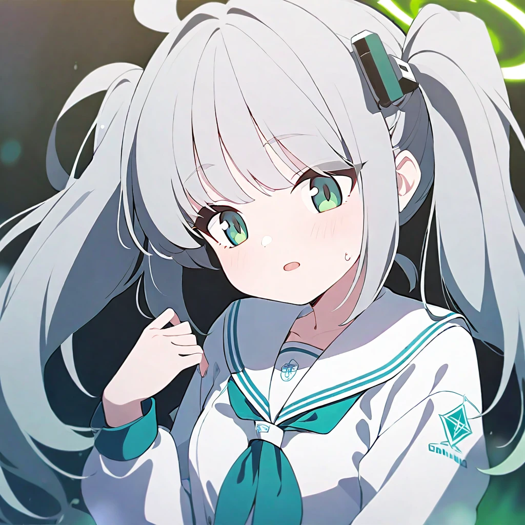 A girl, with gray hair,long thick twintails hair,green emerald eyes,sailor suit,blue archive style,green halo