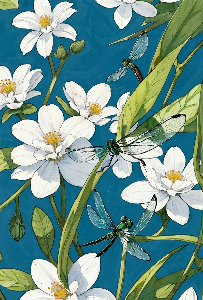 Dragonfly With watercolors Ink outline Pale flowers background Blurred Background High resolution Highest quality