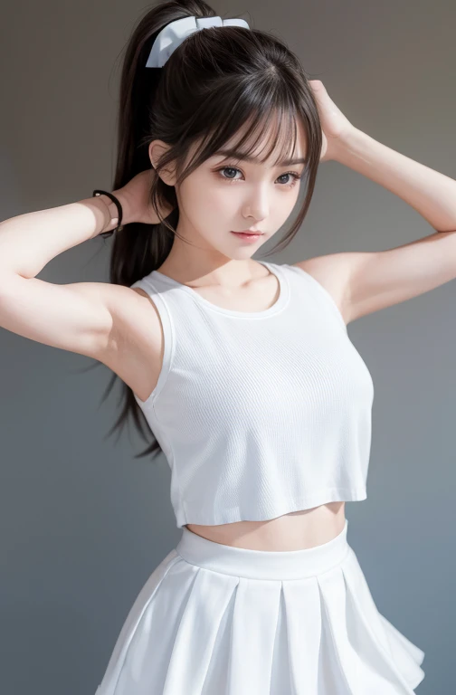 (Browsing Caution)、(masterpiece、Highest quality:1.4)、 (8k resolution、Ultra-high resolution:1.2)、Detailed depiction face、Eye for detailed depiction、Detailed skin、Detailed Hair、Glowing Skin、One Girl,Detail and beauty that cannot be captured in reality:1.3、 Elegant and perfect figure、18-year-old、Beautiful Bangs、非常にDetailed Hairの毛、Bright photography lighting,White wall background,Background Blur,Photo from the front of the woman、look forward to、upright,Put your hands down,(whole body),,,,, (Cheerleaderuniform:1.2)、Ponytail and Hair Tie、Cheerleader、uniform、Tank top、Short skirt、Sony FE GM