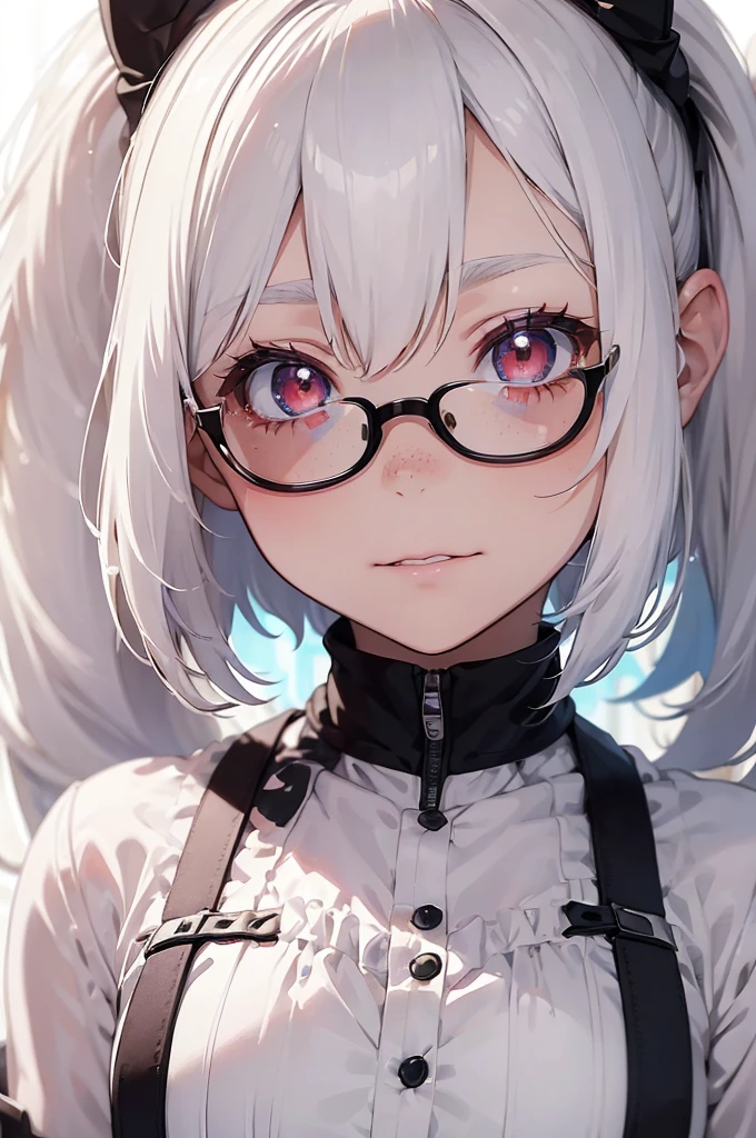 ((best quality)), ((masterpiece)), (detailed), perfect face ((Bleach estile))
*a 12 year old girl,with short white hair in a "wolf cut",pale skin,Red eyes,glasses and freckles on cheeks. He wore the normal Soul Raper uniform.. It had its characteristic small white horns with black cracks*