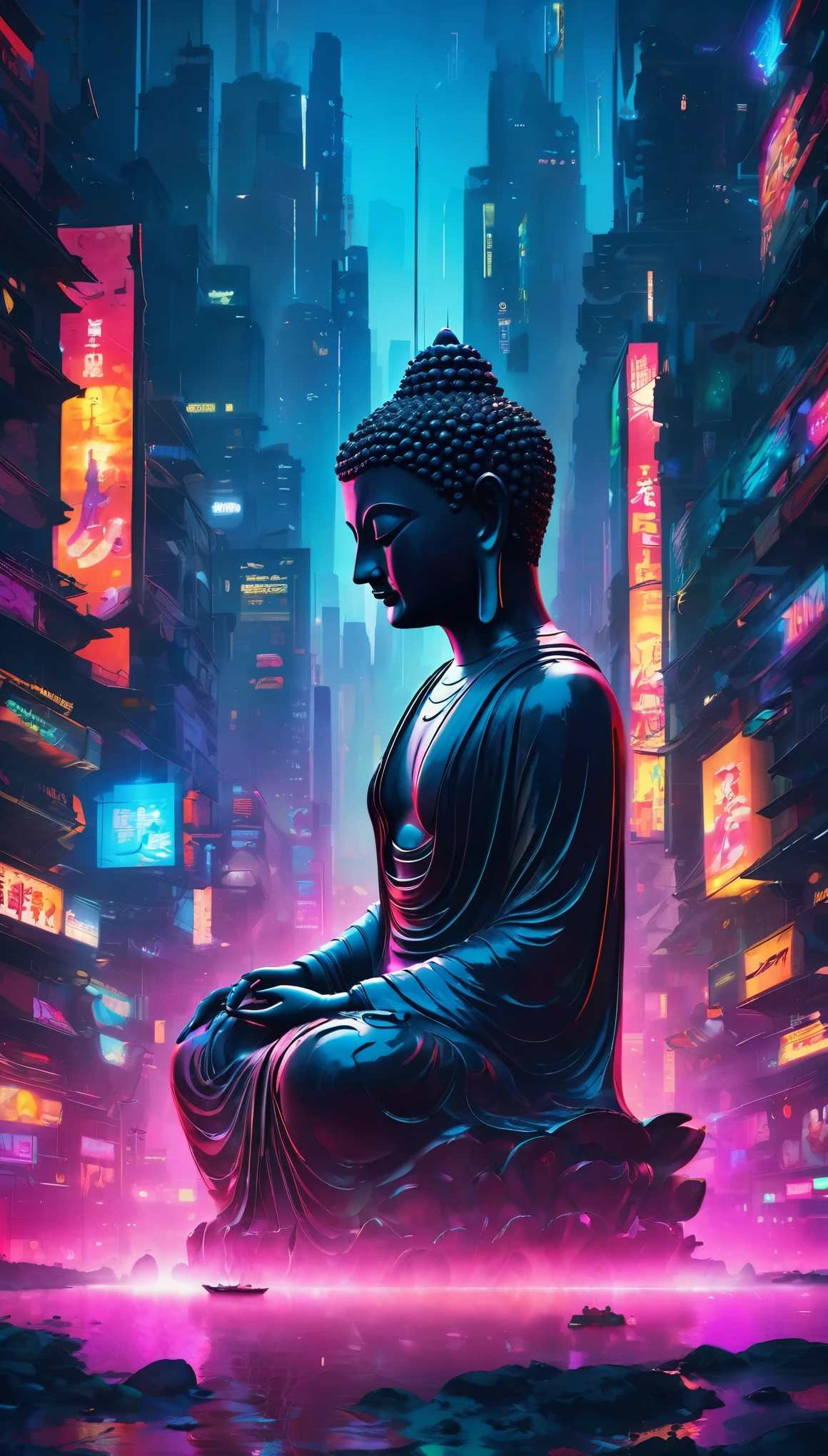 masterpiece: A serene Buddha in the heart of a cyberpunk metropolis Read more:Peaceful Buddha silhouette against a cyberpunk city background. Realistic:Cyberpunk Meditation:Surreal Zen Buddha floating in a neon-lit metropolis:Cyberpunk Meditationのmasterpiece:Vibrant and tranquil Buddha statue, Futuristic cityscape. Curvaceous.:Cyberpunk Meditation:A sleek, modern Buddha statue surrounded by the sleek, sharp edges of a neon-lit city.