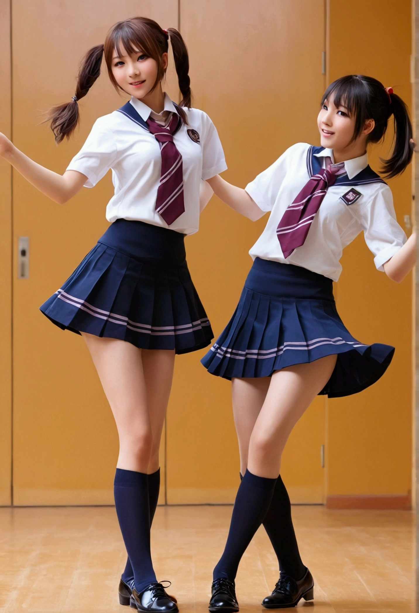 Two Girls,roromiya,ririchiyo,school uniforms, miniskirt, dancing,Ascot, masterpiece, Highest quality