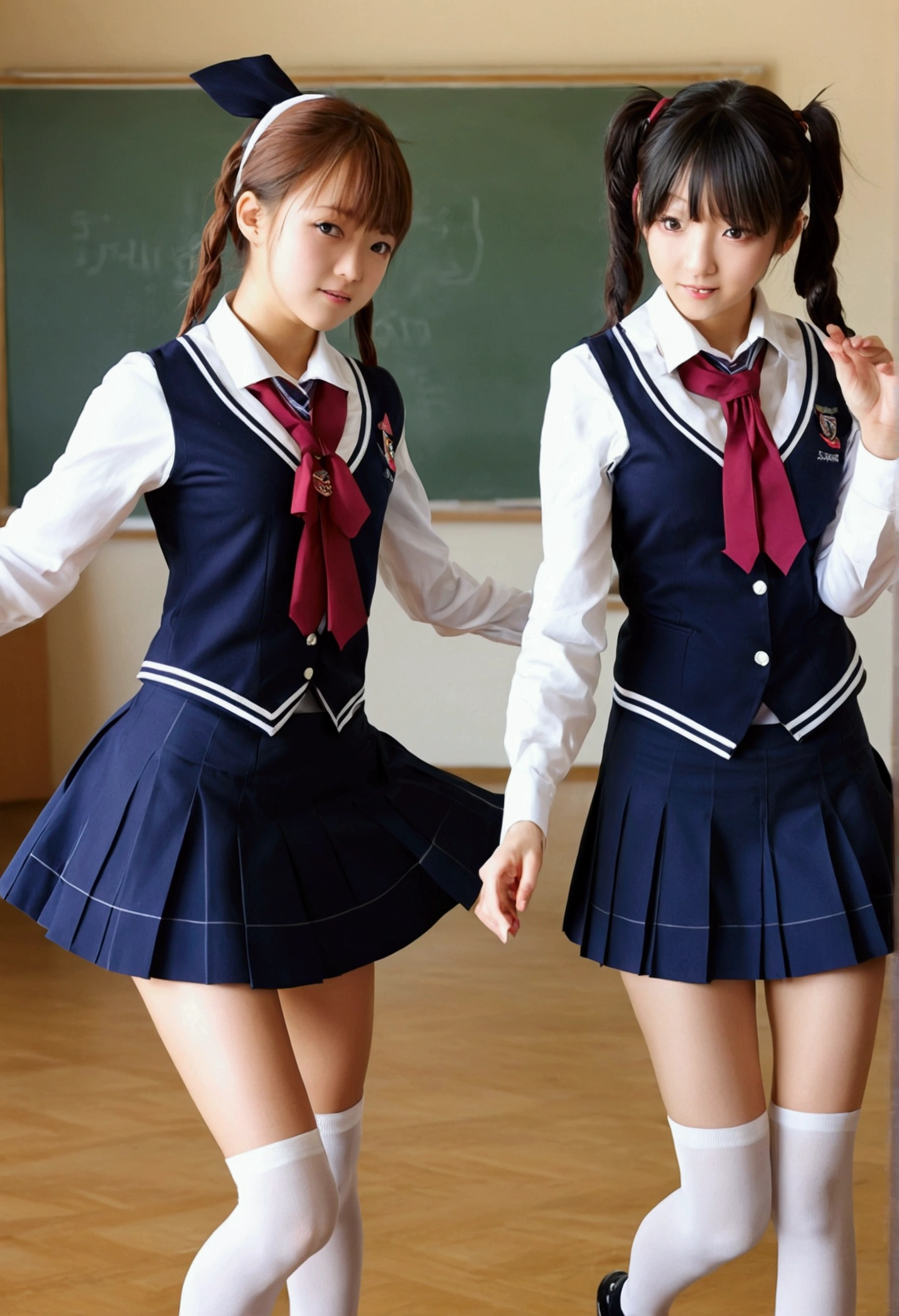 Two Girls,roromiya,ririchiyo,school uniforms, miniskirt, dancing,Ascot, masterpiece, Highest quality