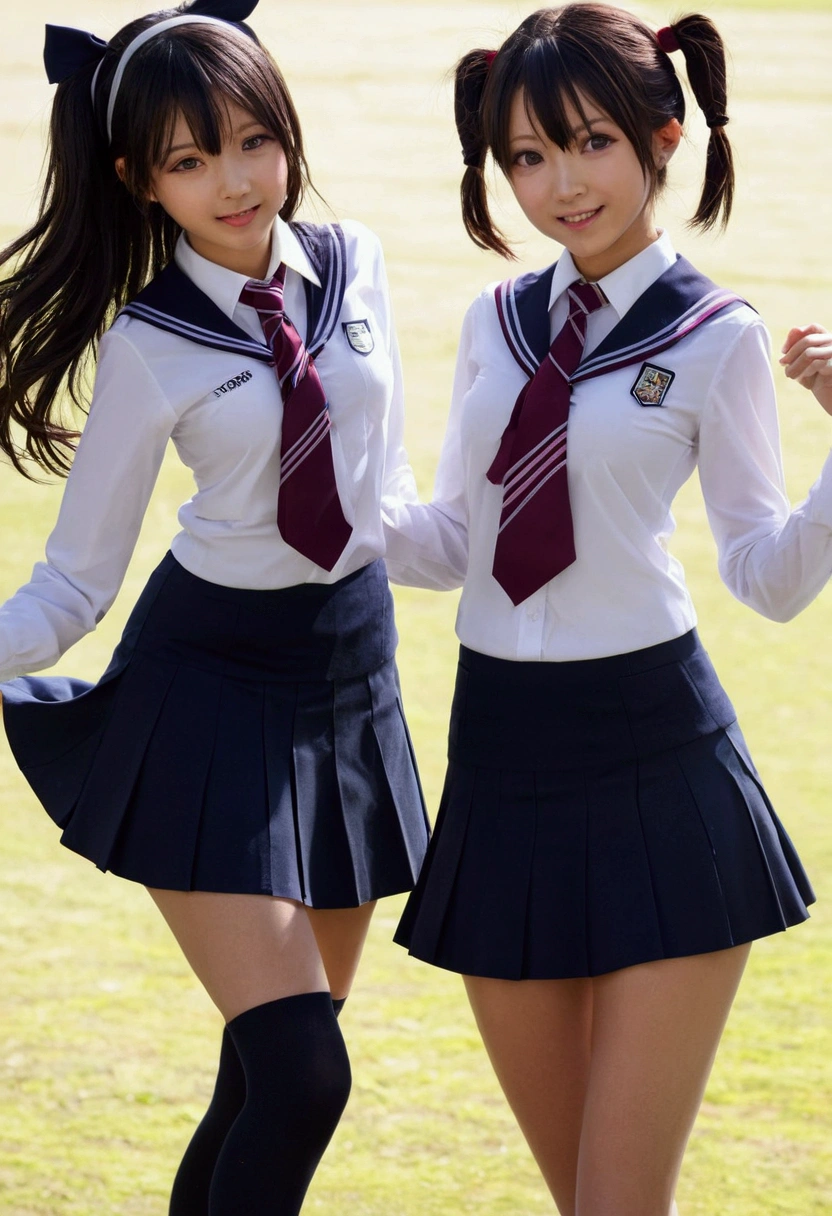 Two Girls,roromiya,ririchiyo,school uniforms, miniskirt, dancing,Ascot, masterpiece, Highest quality