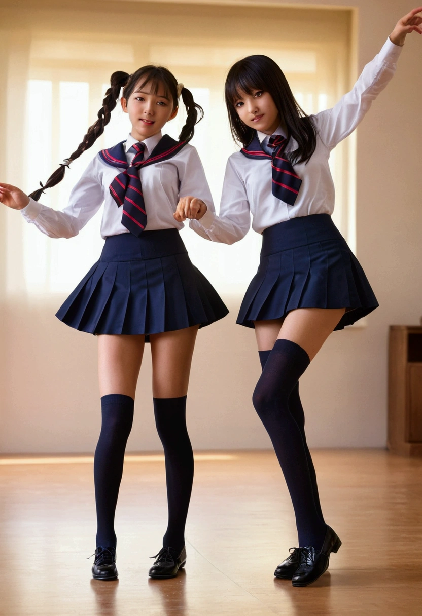 Two Girls,roromiya,ririchiyo,school uniforms, miniskirt, dancing,Ascot, masterpiece, Highest quality