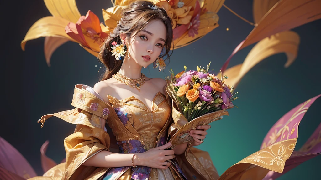 32K, 最高quality, 最高masterpiece, (ultra-Detailed Background, Detailed Background), High resolution, Super detailed, Very detailedな, One girl, (bouquet:1.3), (Tangled:1.2), (Geometric:1.2),(colorful),(masterpiece, quality, best quality, Official Art, Beautiful and beautiful:1.2), (1 girl:1.3), Very detailed,(colorful:1.1)(Flowers:1.3),Most detailed,(Tangled:1.2), whole body, (Abstract background:1.3), (Skin glows), (Many colors:1.4), ,(Earrings Jewelry:1.5), Pale Orange Background,