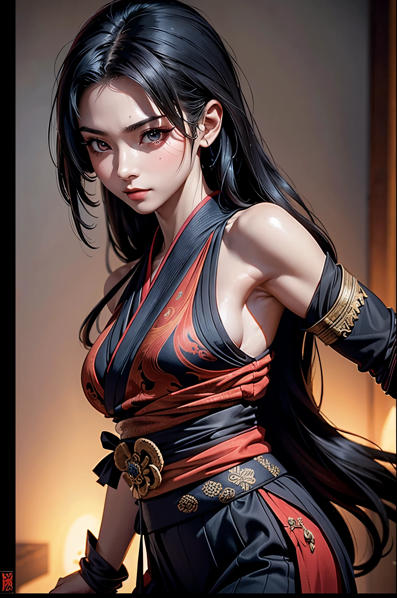 realisitic, 1girl, high quality fingers, normal hands, detailed fingers, Masterpiece artwork, (realisitic, foto-realisitic: 1.37), realisitic, 1girl, long hair:1.5, Bblack hair:1.2, Eyes red:1.5, glare eyes, mortal kombat, Erotic ninja, bloodstains, cicatriz, canons, kimono, ful dressed, mortal kombat continues, struggling pose, serene gaze, temple, meditation, injuries, cover half the face, (sweat: 1), view from above