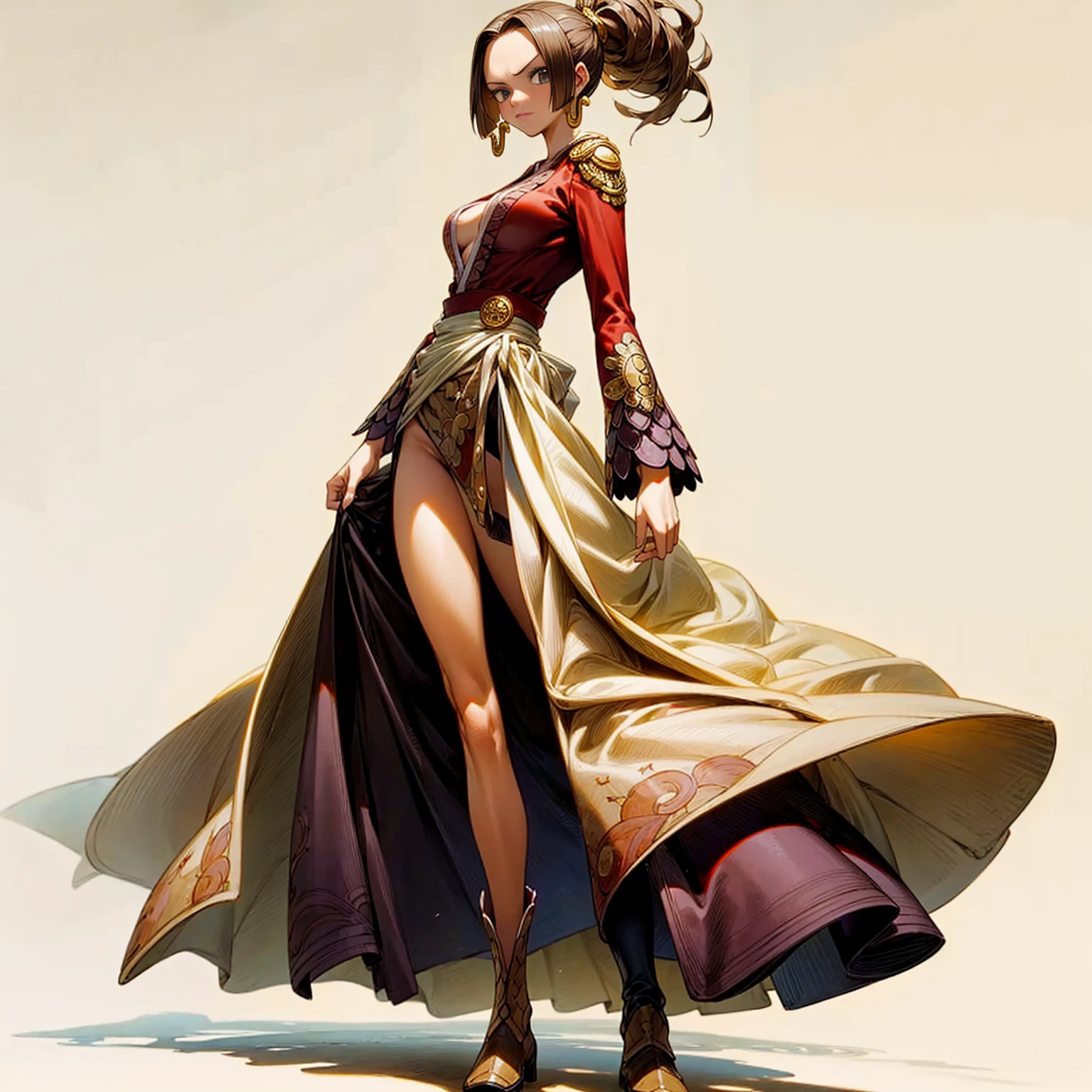 Solo character, full body version, young girl, long hairstyle, ponytail, brown color hair, hazel eyes, long dress soldier outfit, armors, boots, diamond earring, belt, bracelet, (one piece style art), shadow, standing gesture, white simple background, sword gold in hand, Big breasts