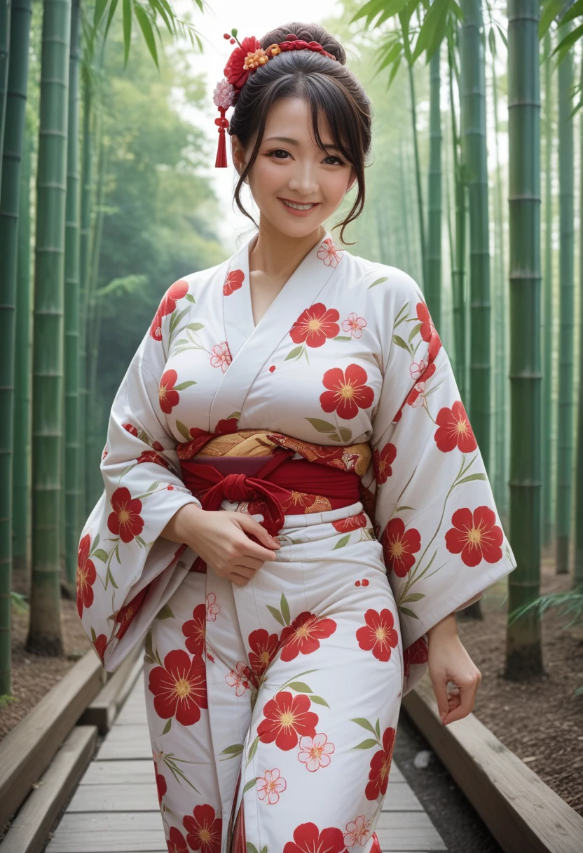 Ayako Hiiragi | Walkure Romanze, masterpiece, best quality, a mature sexy woman in shine red yukata posing in front of bamboo rails, 1girl, solo, japanese clothes, yukata, tied-up hairstyle, floral hair ornament, smile,mature woman, 