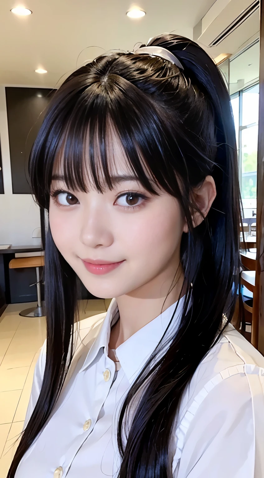 (Highest quality,masterpiece:1.3,Ultra-high resolution,),(Very detailed,Caustics),(Realistic:1.4,RAW shooting,)Ultra-Realistic Capture,Very detailed,High resolution 16K human skin closeup。 Natural skin texture、,pores、、、、It must be detailed enough to be easily identifiable。 Skin tone is even and healthy looking。 Use natural light and colour,restaurant,Waitress Uniform,1 girl,Japanese,18-year-old,cute,Black-haired,ponytail,,smile,Turn your body forward,(Front view:1.1),Looking into the camera,Cowboy Shot,
