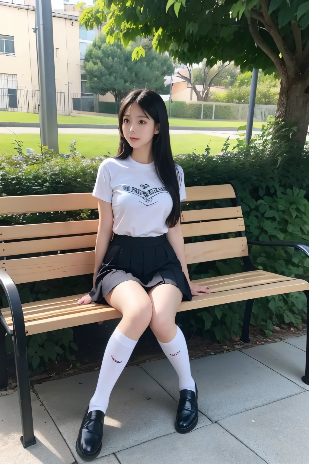 high school girl、shirt、Breast enlargement、skirt、Thighs、Knee-high socks、loafers、Long Black Hair、bench、garden