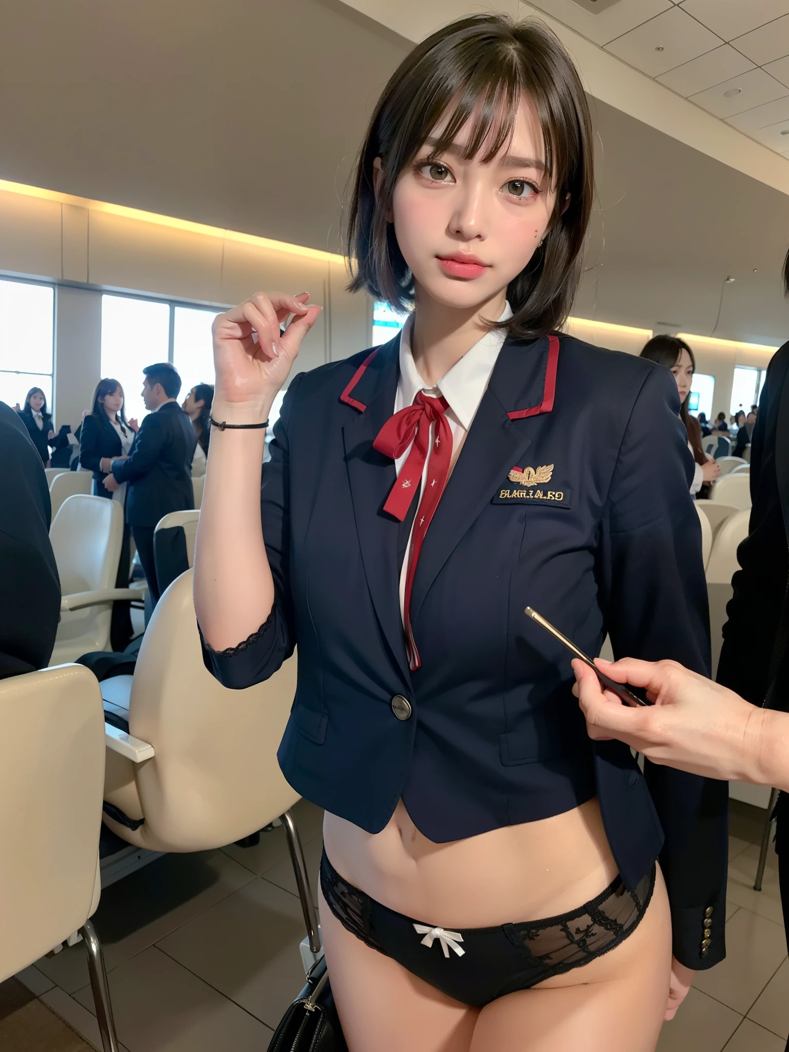 ((Best of the highest quality, 8k, Masterpiece, raw photo: 1.2)), (Sharp focus: 1.2), (1 AESPA, slim body type female, 21 y/o: 1.1), (solo: 1.28), (realistic, photo-realistic:1.37), cute face, finely eyes, (droopy eyes: 1.32), (Emphasize prominent aegyo-sal with bright: 1.2), shimmering eyeshadow applied under the lower lash line, paired with thick, (small breasts, flat chest, Thigh: 1.3), (short messy hair, bangs: 1.28), (flight attendant uniform blazer, ribbon, bra, panties: 1.32), walking, (airport terminal: 1.1), flower, (from below, hands up: 1.12)