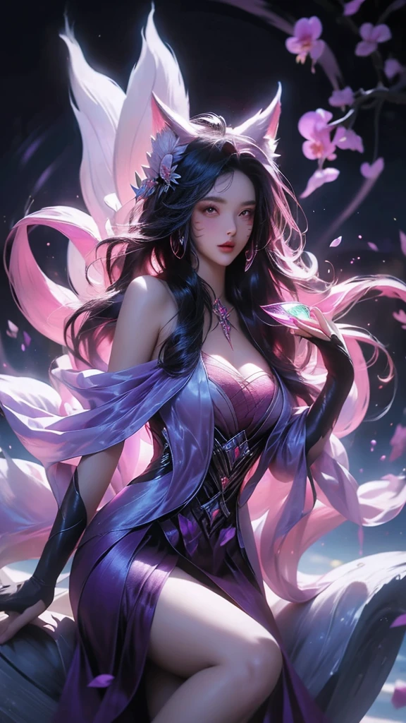 best quality,masterpiece,Ultra-high resolution,(truthfully:1.4),real model,The sky is filled with purple orchids（background）, violet fairy（oriental woman）,Purple shawl long hair,Cute eyes,Sexy body,Wearing a purple orchid lace dress,sitting on purple orchid leaves,Drink tea