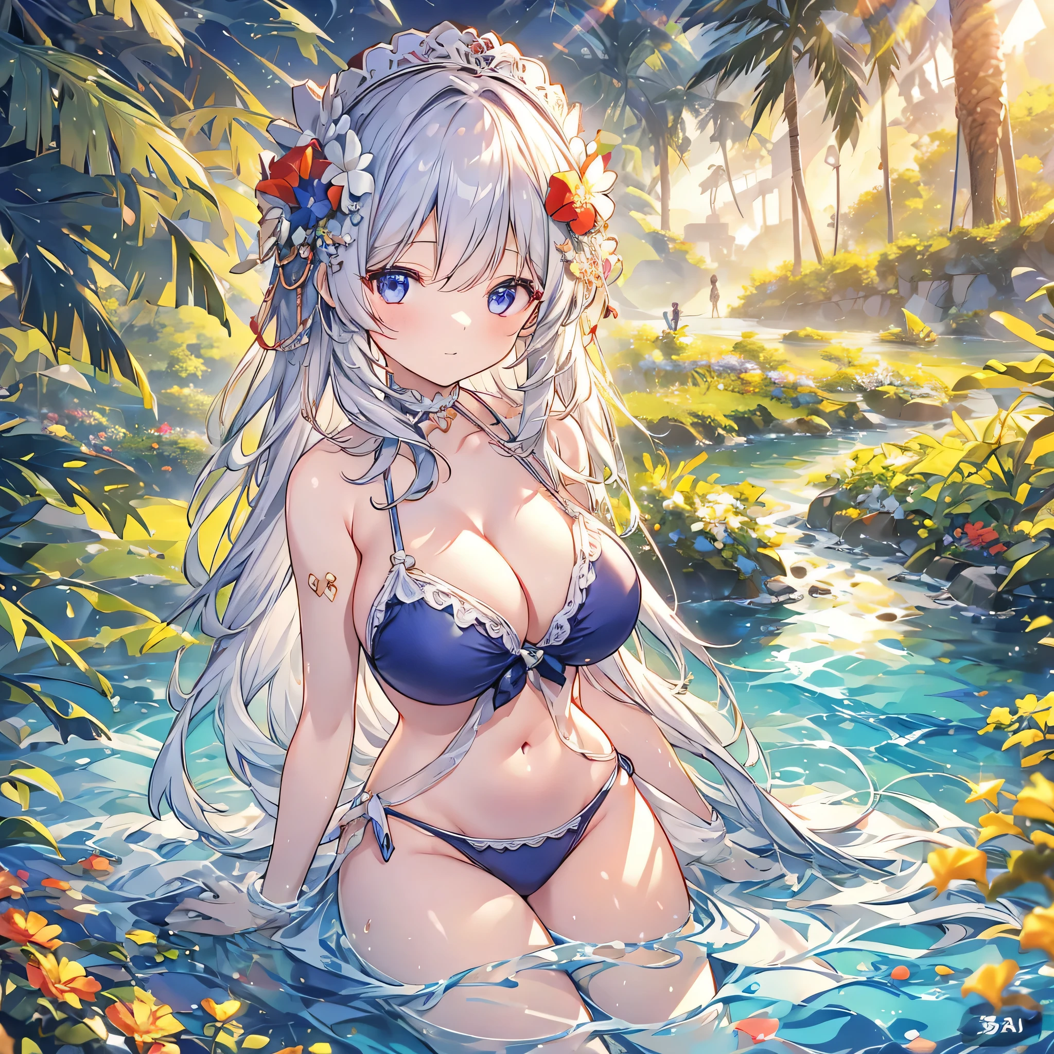 4K,High resolution, (Highly detailed CG,8k,wallpaper)、One young girl,(,,Swimwear),(Clean detailed eyes),(Huge breasts),(Huge breasts),(Huge breasts),(Huge breasts),(((Huge breasts))),(Super Breasts),(Very large breasts),(Beautiful and shapely breasts),Light-colored hair、Cute hairstyle