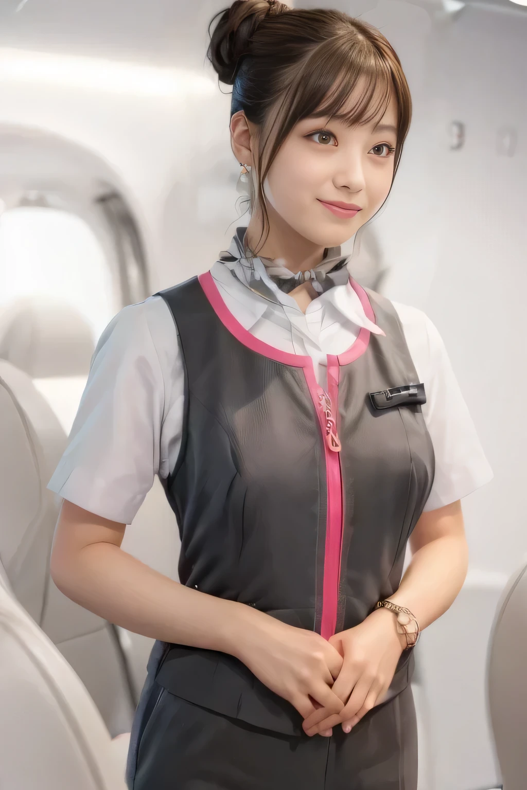 (masterpiece:1.2, Highest quality:1.2), 32k HDR, High resolution, (alone、1 girl)、(On the roof of a building、Professional Lighting)、daytime background、(Realistic style of JR Gran Class crew uniform)、Short sleeve blouse、a scarf around the neck、(JR Gran Class flight attendant uniform with pink parts on the skirt sleeves)、(The uniform of the flight attendants of JR Gran Class has a pink line on the front zipper of the vest.)、There are no pink lines on the uniform skirts of flight attendants in JR Gran Class、Dark brown hair、(Hair tied up、Bun Hair)、Dark brown hair、Long Shot、Big Breasts、((Great hands:2.0)),((Harmonious body proportions:1.5)),((Normal limbs:2.0)),((Normal finger:2.0)),((Delicate eyes:2.0)),((Normal eyes:2.0)))、Luxury earrings、smile、Beautiful standing posture,