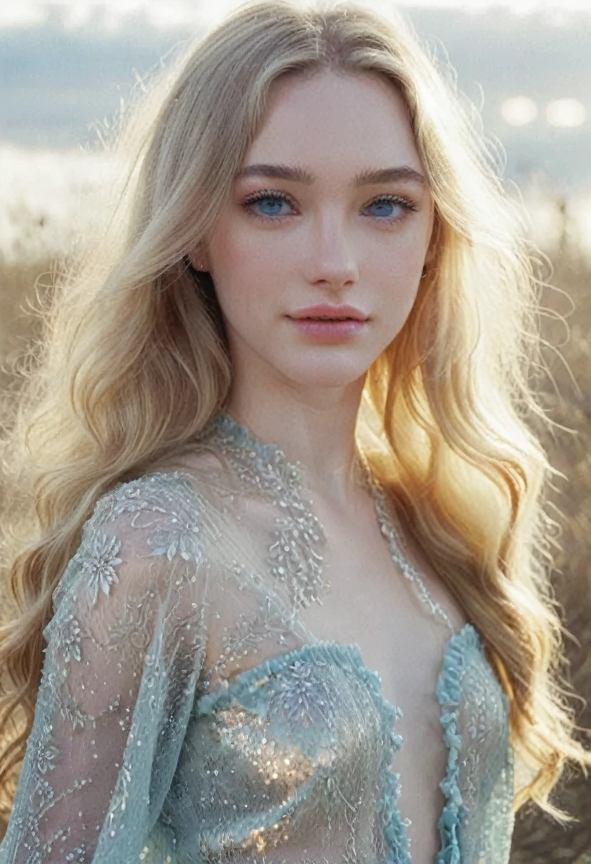 ((intricate details, pale skin)), solo, very detailed, detailed face, very long hair, picture of a beautiful young woman, NOT Dasha Taran, similar to Megan Fox face, sfw, ((natural blonde hair)), High Definition RAW Photography, 16k photography, (full body), standing, delicate facial features, pretty face, detailed full body, visible from head to knees, (bright sky-blue eyes:1.2), mesmerizing eyes, emotive longing expression, (cinematic, film grain:1.1), smiling, sunlight ilumination