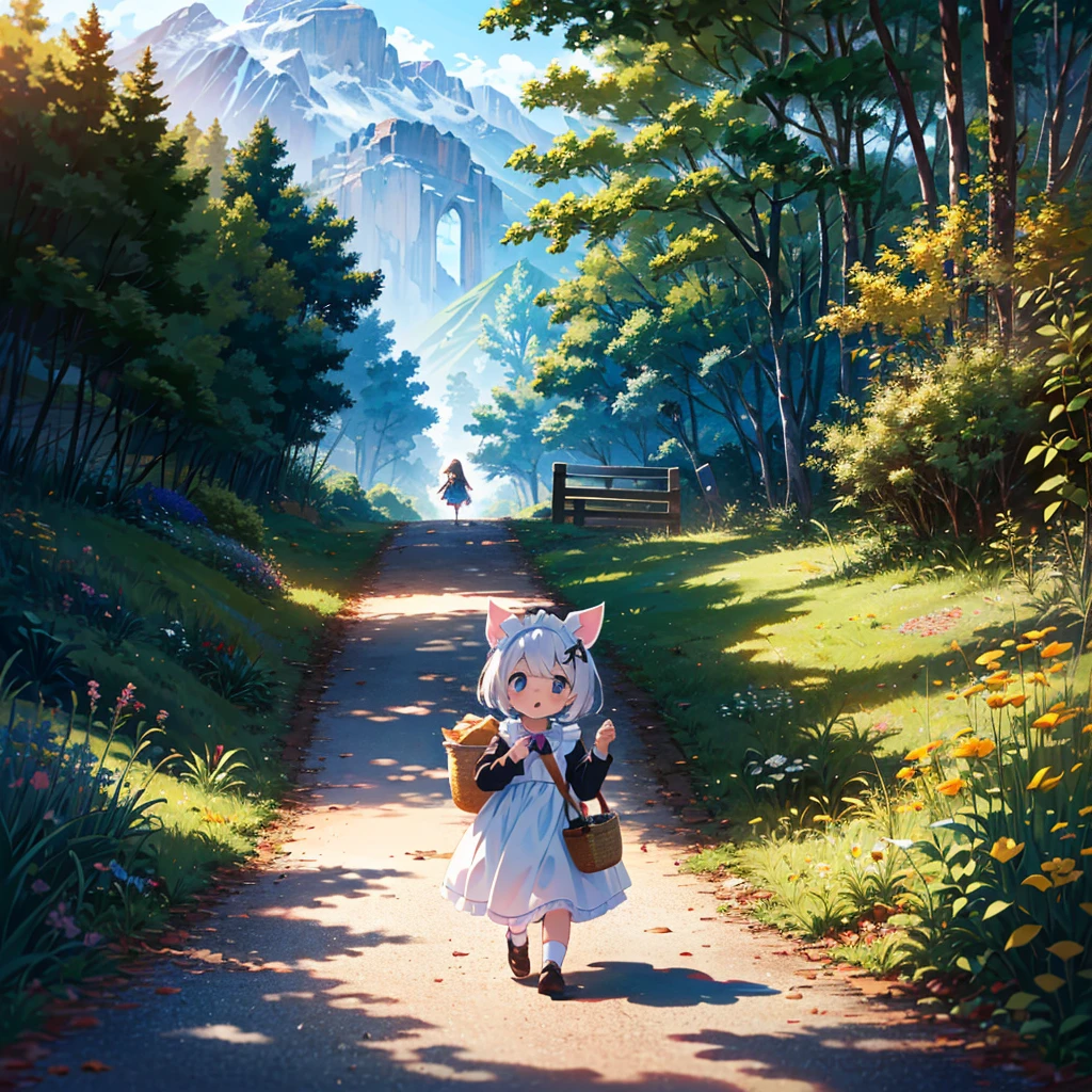 Masterpiece, highest quality, high resolution background, bright and beautiful atmosphere, 3 girls (2 , 1 short-tempered round face), 1  (hair, surface effects), small breasts, very bright atmosphere, girl walking on a mountain path , walking with a large basket, dressed like a maid, a mini-pig walking next to her, a mini-pig sticking its head out of the basket, "deltamon_sdXL :0.73) >Deltamon"