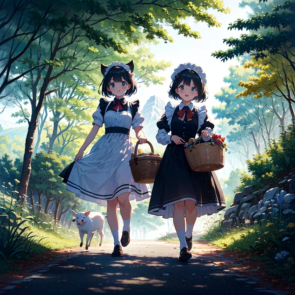 Masterpiece, highest quality, high resolution background, bright and beautiful atmosphere, 3 girls (2 years old, 1 short-tempered round face), 1 (hair, surface effects), small breasts, very bright atmosphere, girl walking on a mountain path , walking with a large basket, dressed like a maid, a mini-pig walking next to her, a mini-pig sticking its head out of the basket, "deltamon_sdXL :0.73) >Deltamon"