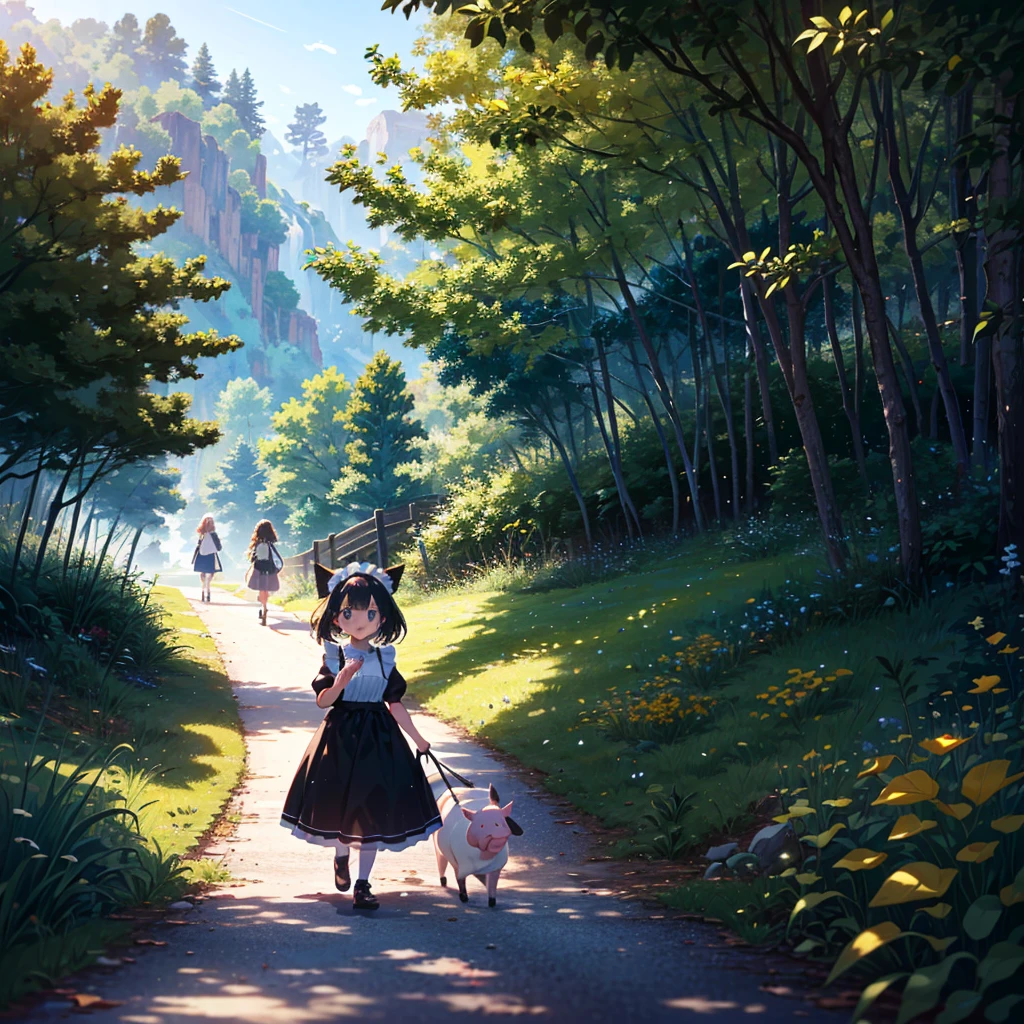 Masterpiece, highest quality, high resolution background, bright and beautiful atmosphere, 3 girls (2 years old, 1 short-tempered round face), 1  (hair, surface effects), small breasts, very bright atmosphere, girl walking on a mountain path , walking with a large basket, dressed like a maid, a mini-pig walking next to her, a mini-pig sticking its head out of the basket, "deltamon_sdXL :0.73) >Deltamon"