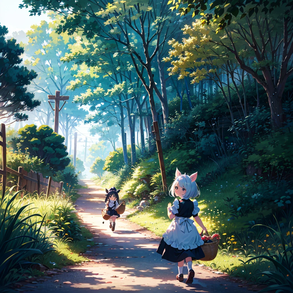 Masterpiece, highest quality, high resolution background, bright and beautiful atmosphere, 3 girls (2 years old, 1 short-tempered round face), 1  (hair, surface effects), small breasts, very bright atmosphere, girl walking on a mountain path , walking with a large basket, dressed like a maid, a mini-pig walking next to her, a mini-pig sticking its head out of the basket, "deltamon_sdXL :0.73) >Deltamon"