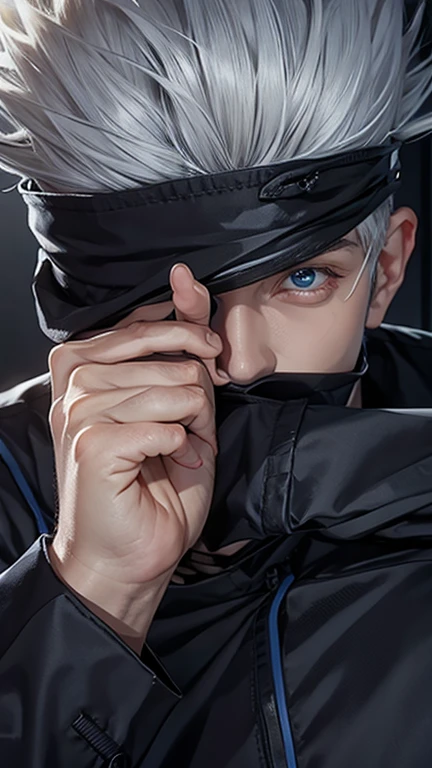 1 male, Gojou Satoru in anime jujutsu kaisen, short hair , Gray Hair, blue eyes, good looking, Black clothes, smile, Realistic clothes, Clothing Details, Urban Background, Very detailed, Realistic