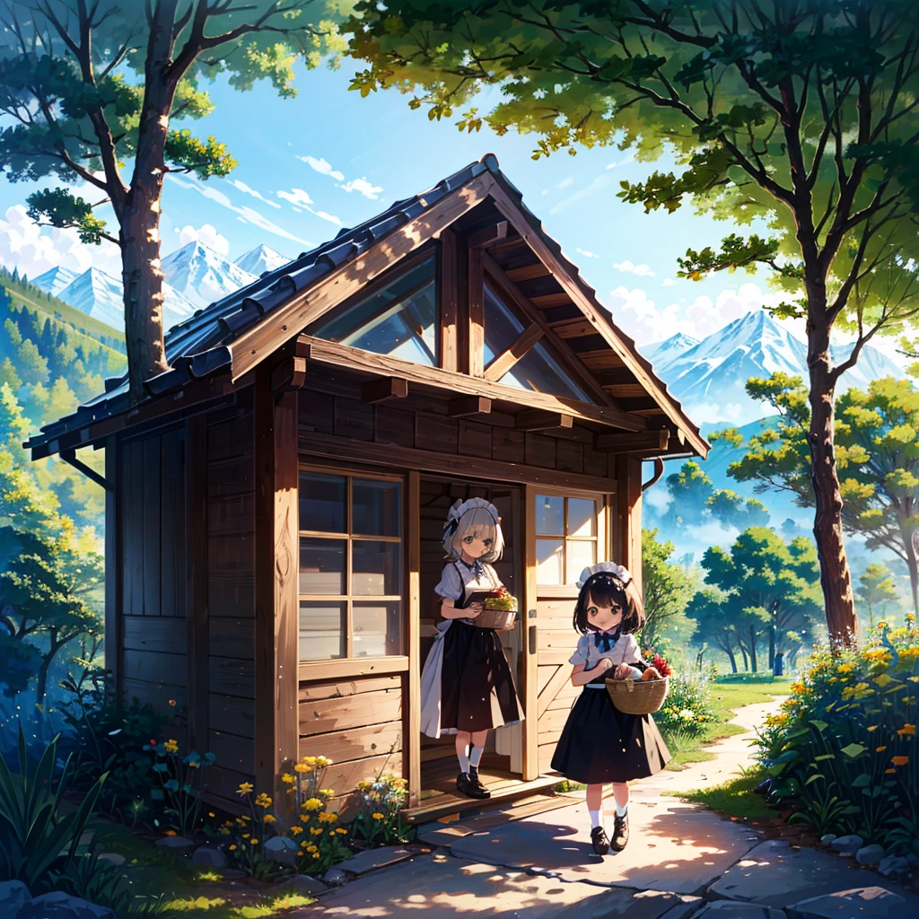 Masterpiece, top quality, high resolution background, bright and beautiful atmosphere, 3 girls (2 years old, 1 short-tempered round face), 1  (hair, surface effects), small breasts, very bright atmosphere, in the mountains A girl standing in front of a wooden hut, holding a large basket, dressed like a maid, a mini-pig walking next to her, a mini-pig sticking its head out of the basket, "deltamon_sdXL :0.73) >Deltamon"