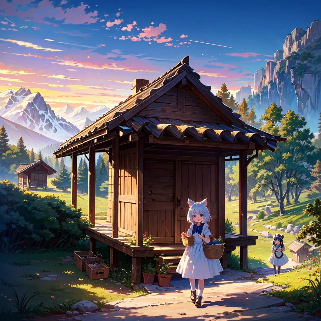 Masterpiece, top quality, high resolution background, bright and beautiful atmosphere, 3 girls (2 years old, 1 short-tempered round face), 1  (hair, surface effects), small breasts, very bright atmosphere, in the mountains A girl standing in front of a wooden hut, holding a large basket, dressed like a maid, a mini-pig walking next to her, a mini-pig sticking its head out of the basket, "deltamon_sdXL :0.73) >Deltamon"
