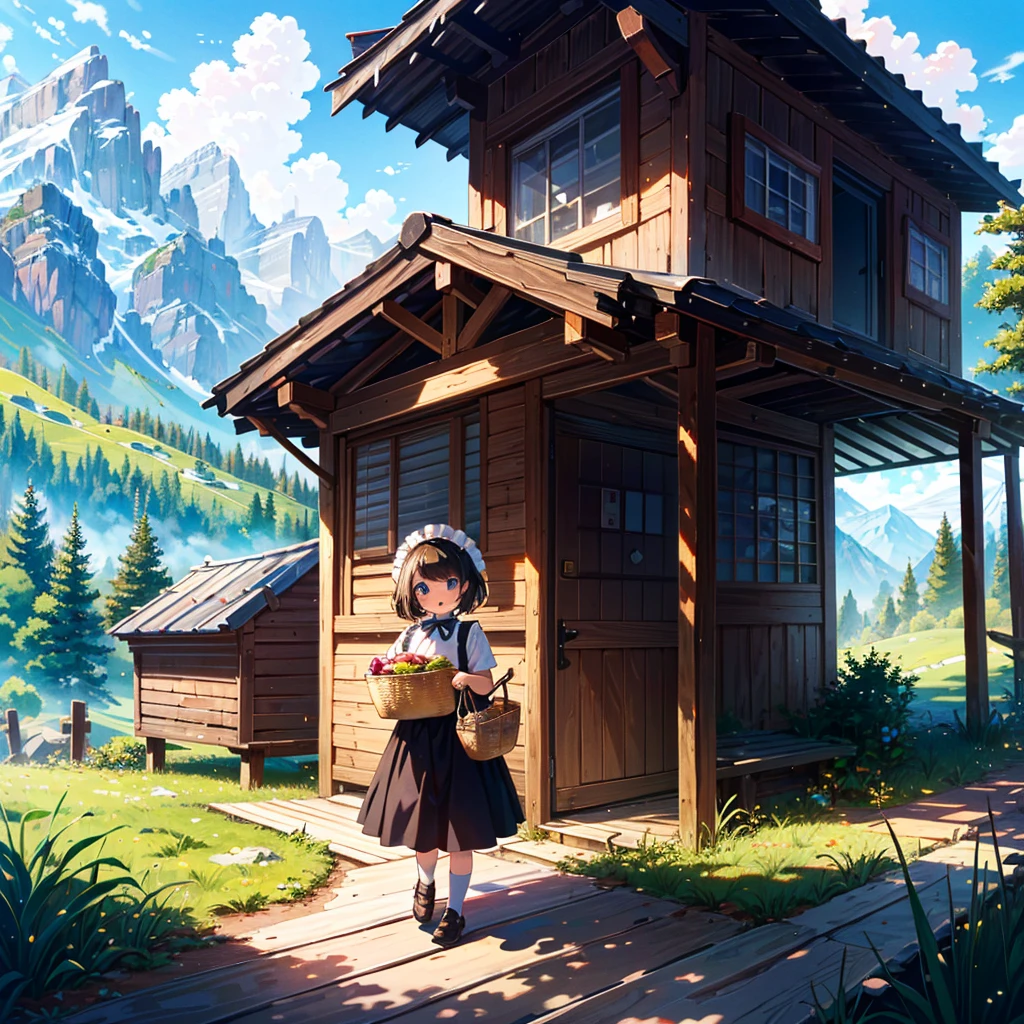 Masterpiece, top quality, high resolution background, bright and beautiful atmosphere, 3 girls (2 years old, 1 short-tempered round face), 1 (hair, surface effects), small breasts, very bright atmosphere, in the mountains A girl standing in front of a wooden hut, holding a large basket, dressed like a maid, a mini-pig walking next to her, a mini-pig sticking its head out of the basket, "deltamon_sdXL :0.73) >Deltamon"