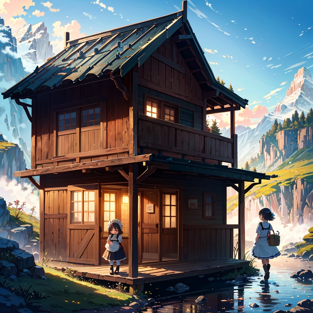 Masterpiece, top quality, high resolution background, bright and beautiful atmosphere, 3 girls (2 years old, 1 short-tempered round face), 1 (hair, surface effects), small breasts, very bright atmosphere, in the mountains A girl standing in front of a wooden hut, holding a large basket, dressed like a maid, a mini-pig walking next to her, a mini-pig sticking its head out of the basket, "deltamon_sdXL :0.73) >Deltamon"