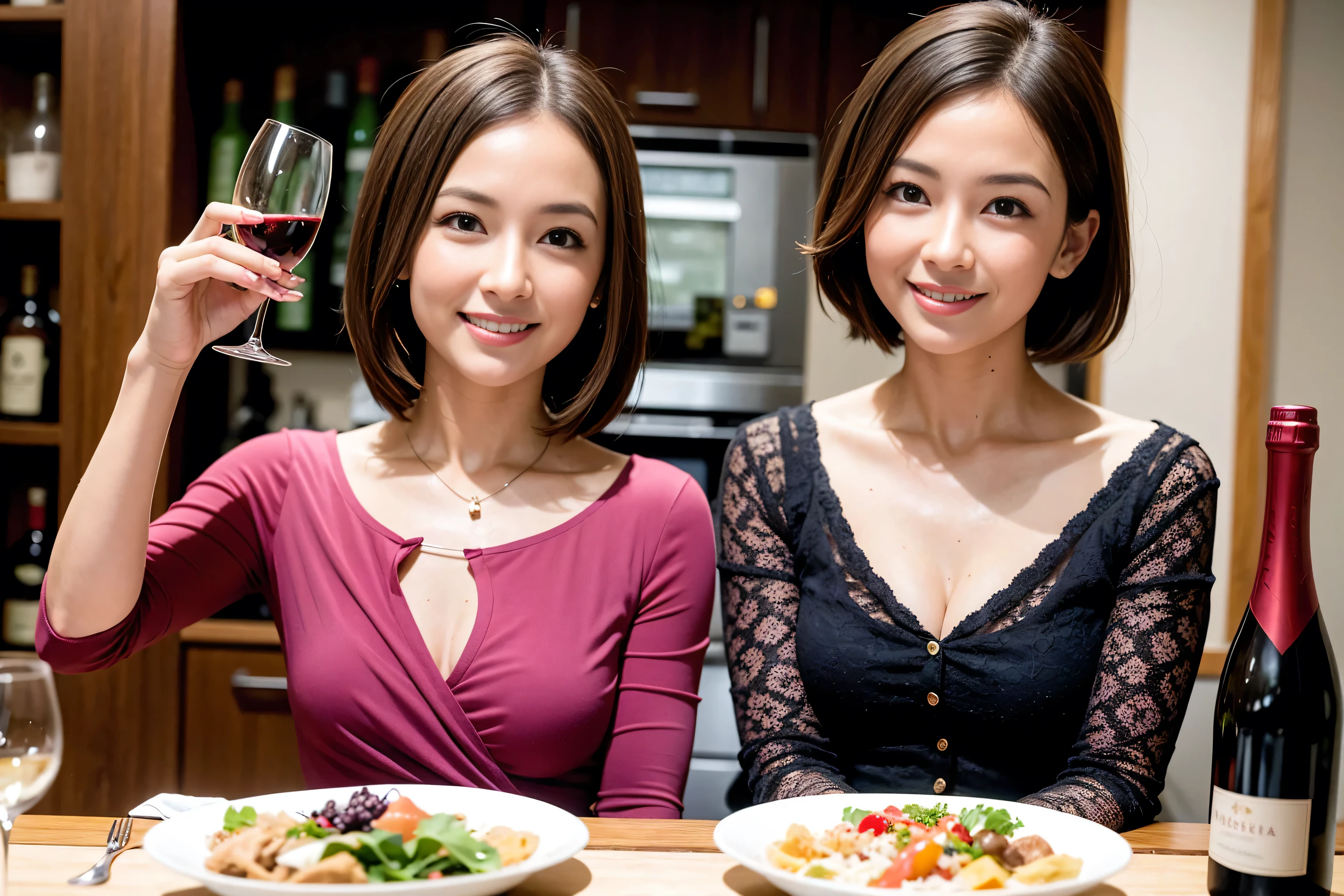 (Realistic:1.1),(masterpiece,Highest quality),8k,(49 years old), 50 years old, slimカップル、Tight waist,Upper Body,full-course dinner、wine 、Amazing view of the sunset sky and clouds、Perfect Anatomy, Brown Hair, short hair,Random Hairstyles,((Highly detailed face and eyes:1.2)),Perfect golden ratio face,Long sleeve shirt、dress,(smile:1.2)、Shortcuts、cute、(Realistic, Intricate details:1.2), A bright smile、short hair,Bright Face、赤wine 、Appetizers、Italian food、wine bottle、Champagne、スパークリングwine、(slimな顔), (The body is slim), (Brown Hair), (Shortcuts), Upper Body, 白wine, slim, wineグラス,