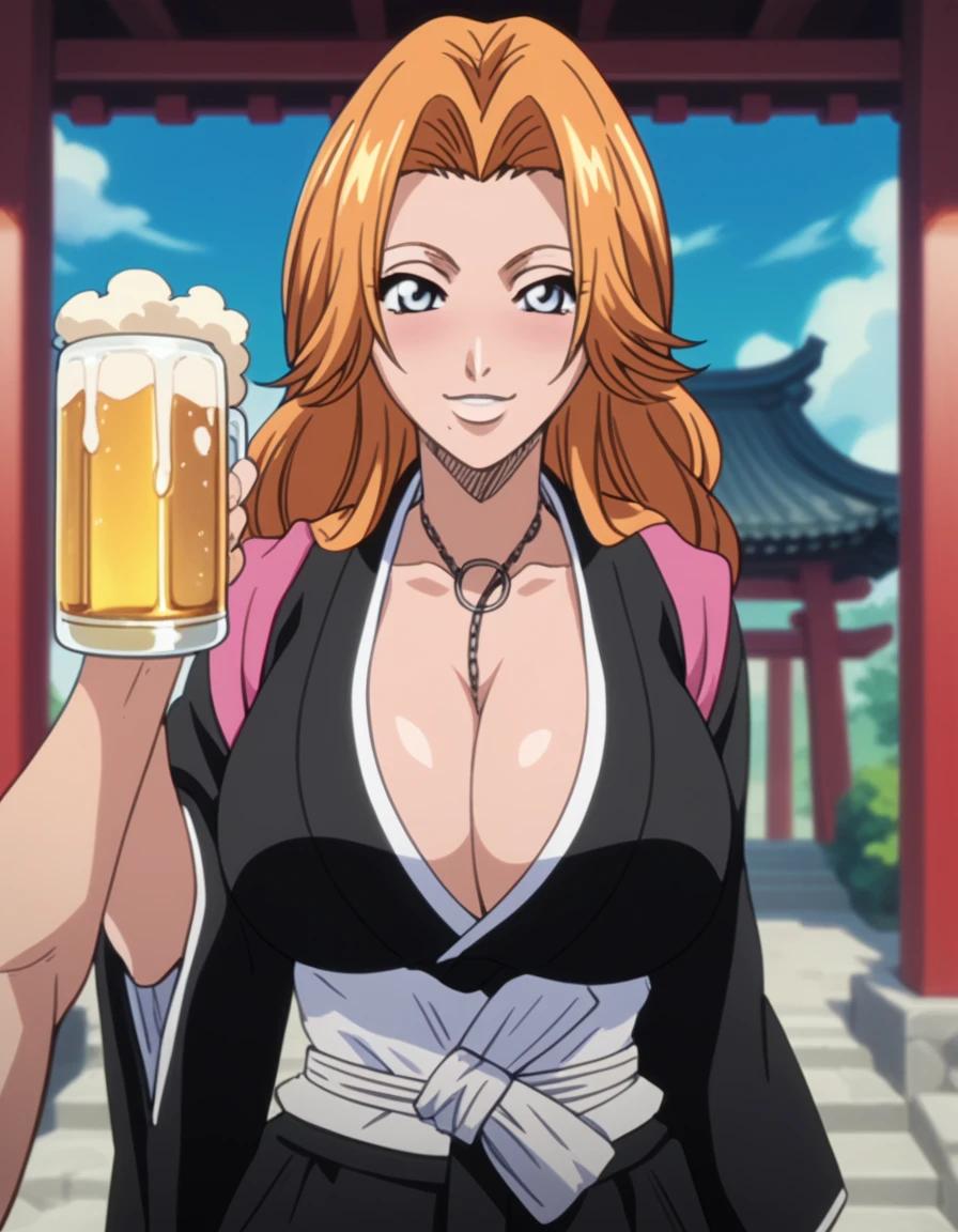 Rangiku Matsumoto, shrine, smile, looking at viewer, cleavage, huge breasts, drunken, blushing, pov, upper body, standing, foreshortening, beer, breasts out, nsfw, 