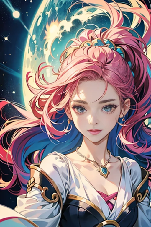 Close-up of a woman with showy hair and necklace, anime girl with cosmic hair, The gentle vitality of Rossdraws, Gouviz style artwork, fantasy art style, showy], vibrant fantasy style, Ross&#39;s cartoon draws full of energy., cosmic and showy, guweiz, showy digital fantasy art, Stunning art style, Beautiful anime style, White skin, evening coat,