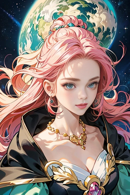 Close-up of a woman with showy hair and necklace, anime girl with cosmic hair, The gentle vitality of Rossdraws, Gouviz style artwork, fantasy art style, showy], vibrant fantasy style, Ross&#39;s cartoon draws full of energy., cosmic and showy, guweiz, showy digital fantasy art, Stunning art style, Beautiful anime style, White skin, evening coat,