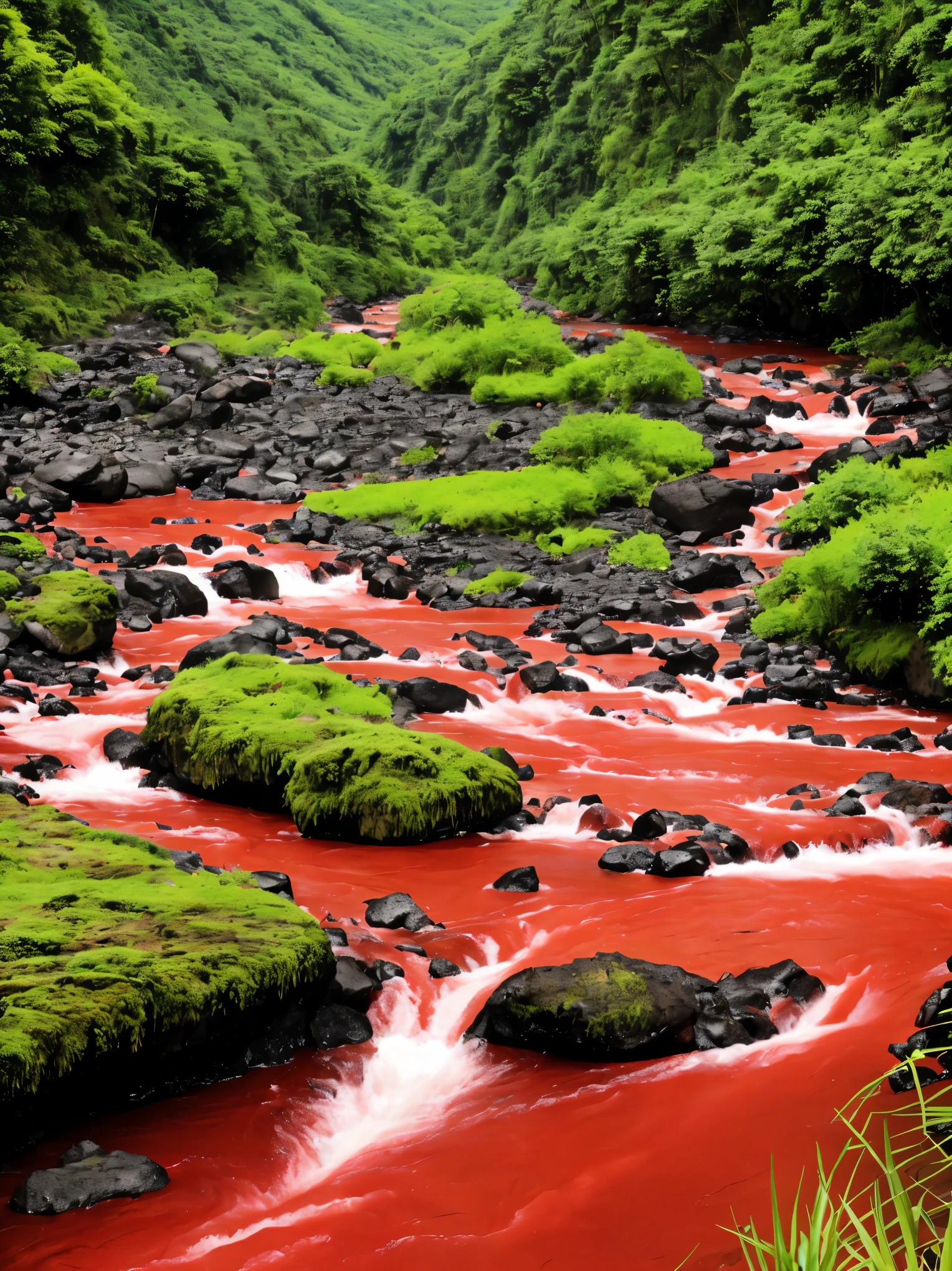 arafed stream of red water flowing through a lush green valley, lava river, red lava rivers, bloody river in hell, some red water, one million lave rivers, river of blood, lava rivers, pink slime everywhere, rivers of blood, red water, cant believe it is real, with a river running through it, vortex river