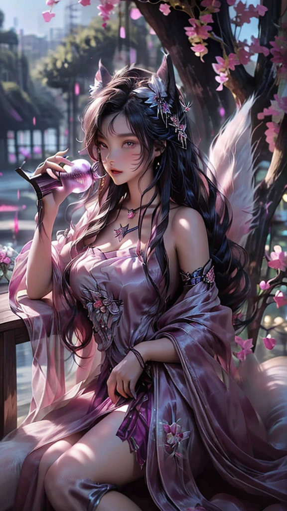 best quality,masterpiece,Ultra-high resolution,(truthfully:1.4),real model,The sky is filled with purple orchids(background),14 year old violet fairy(oriental woman),Purple shawl long hair,Cute eyes,Sexy body,Wearing a purple orchid lace dress,sitting on purple orchid leaves,Drink tea