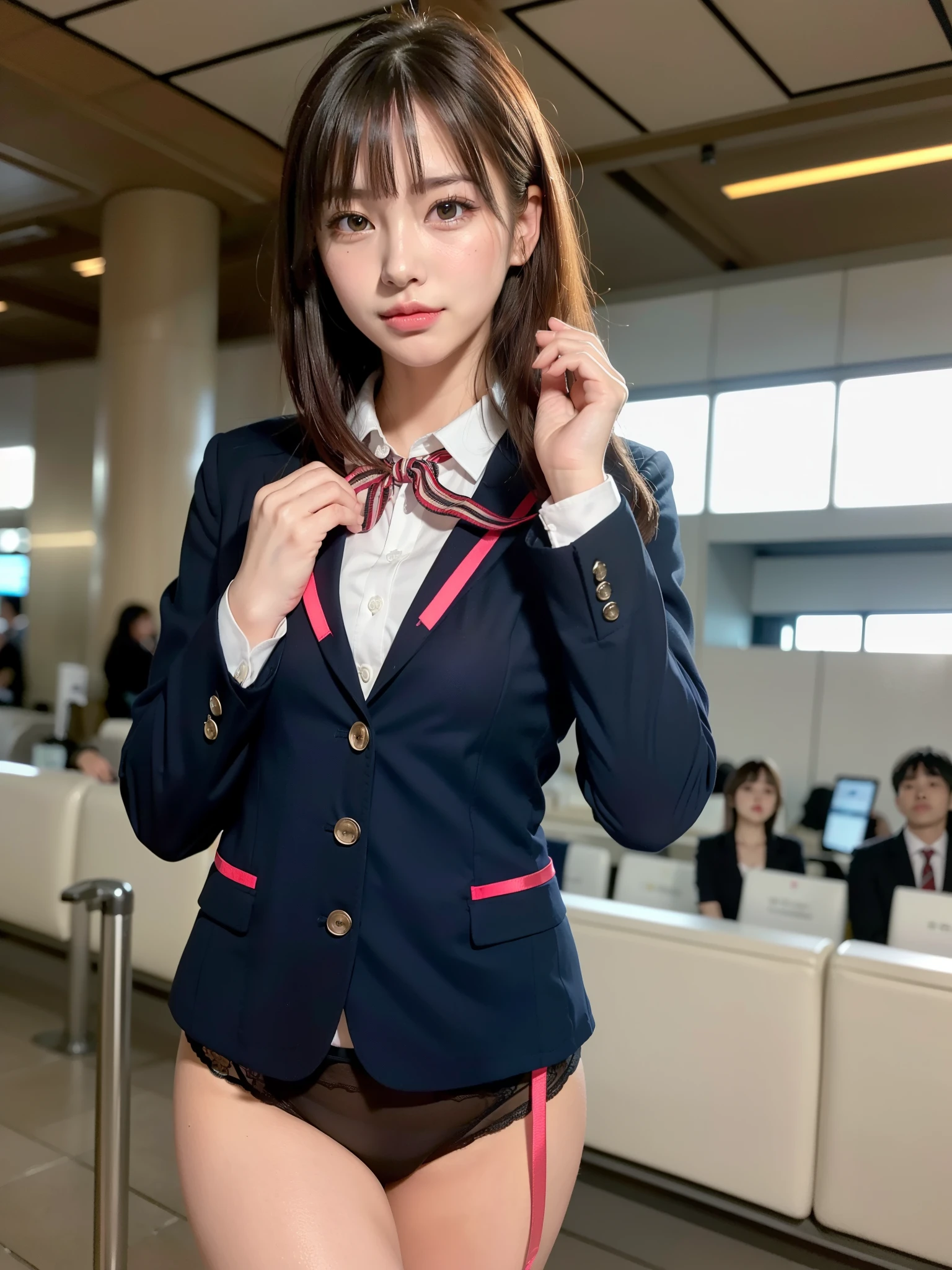 ((Best of the highest quality, 8k, Masterpiece, raw photo: 1.2)), (Sharp focus: 1.2), (1 AESPA, slim body type female, 21 y/o: 1.1), (solo: 1.28), (realistic, photo-realistic:1.37), cute face, finely eyes, (droopy eyes: 1.32), (Emphasize prominent aegyo-sal with bright: 1.2), shimmering eyeshadow applied under the lower lash line, paired with thick, (small breasts, flat chest, Thigh: 1.3), (short messy hair, bangs: 1.28), (flight attendant uniform blazer, ribbon, bra, panties: 1.32), walking, (airport terminal: 1.1), flower, (from below, hands up: 1.12)