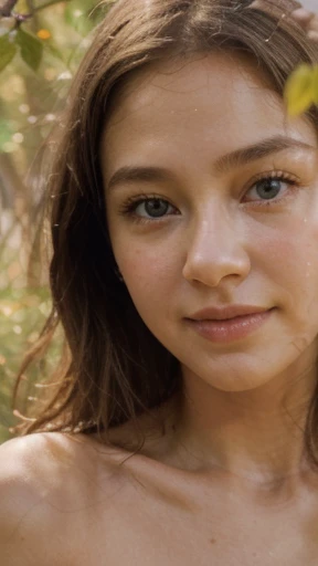 Safe for publicity work, Ai Safe for kids, D40-24-35 firmed body , natural young breast-D40 natural drop shape, nice areola size shadow, height-175cm weight-58kg,
Long Hazel Gold light-brown Hair, rich Quality, 1girl, Solo,
bright round wide big eye x1.08, detailed eye, high quality moist eye, large pupil Blue eyes, big-light-glowing-eye,
Body arouse tighten, blush, anglic glow skin, high Dopamine hypersexuality,
Organza chiffon fabric- white pure bright - tranparent Light dress, young 16 year old, no face wrinkle , natural balanced tight v-face , Hifu pico ulthera face, thin asean lip, happy-shy-smile,
Forest scene, wide, Orange-yellow-leaves, angel glow fairy atmosphere, late afternoon light 45 degree,
bokeh background, look at camera, front face focused, Looking stare to viewer, half body down to hip image,