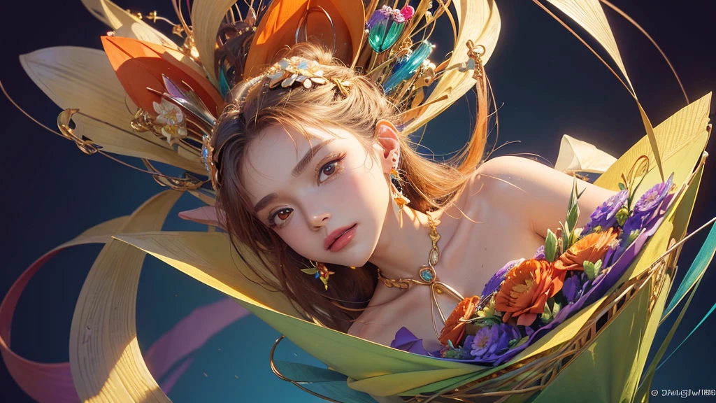 32K, 最高quality, 最高masterpiece, (ultra-Detailed Background, Detailed Background), High resolution, Super detailed, Very detailedな, One girl, (bouquet:1.3), (Tangled:1.2), (Geometric:1.2),(colorful),(masterpiece, quality, best quality, Official Art, Beautiful and beautiful:1.2), (1 girl:1.3), Very detailed,(colorful:1.1)(Flowers:1.3),Most detailed,(Tangled:1.2), whole body, (Abstract background:1.3), (Skin glows), (Many colors:1.4), ,(Earrings Jewelry:1.5), Pale Orange Background,