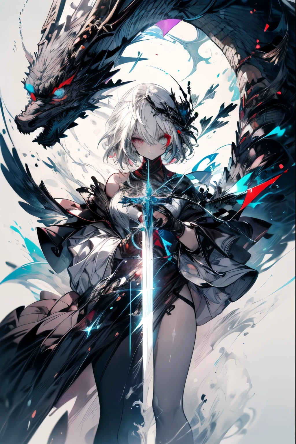 masterpiece, best quality, high resolution, A monster angel that looks holy,Asymmetry,His eyes were waiting for heterochromia,His entire body consists of a huge one-eyed eye,A metal ring on one eye,The ring is crawling with eyeballs,Dragon with many wings holy angel on white