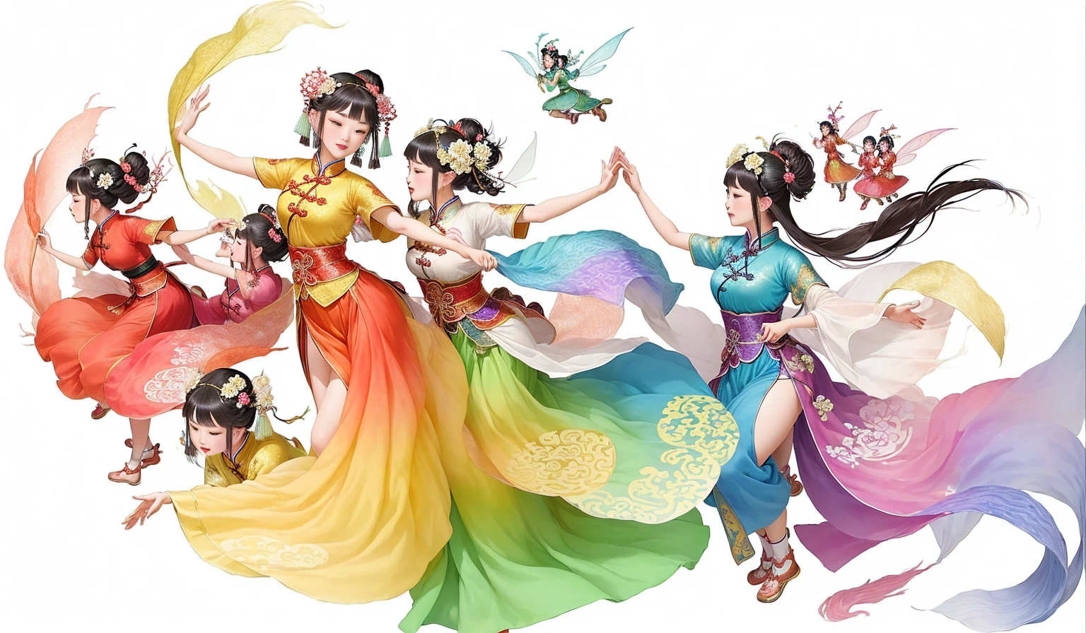 7 fairies in colorful clothes are dancing, Ancient Chinese beauties, Chinese Art Style, Chinese painting style, Chinese Mythology, Chinese style, goddess, traditional Chinese art, author:Ju Lian, Inspired by Roma, Color illustrations, Ghost Festival, traditional Chinese, Chinese Fantasy, Wearing Chinese clothes, Chinese Ribbon Dance