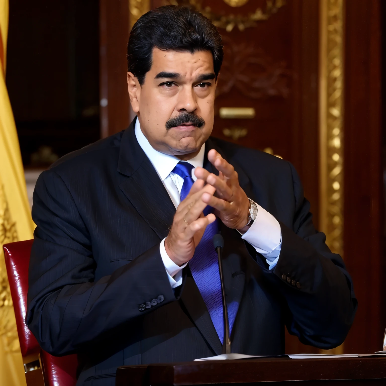 (masterpiece, Best Quality: 1,2) The man is wearing a black suit, and he is president of Venezuela, which highlights his strong and muscular physique.
The subject stands confidently with arms crossed, exuding a sense of power and preparedness. His facial expression is intense, with a slight furrow between the eyebrows, matching the dramatic and stormy surroundings.