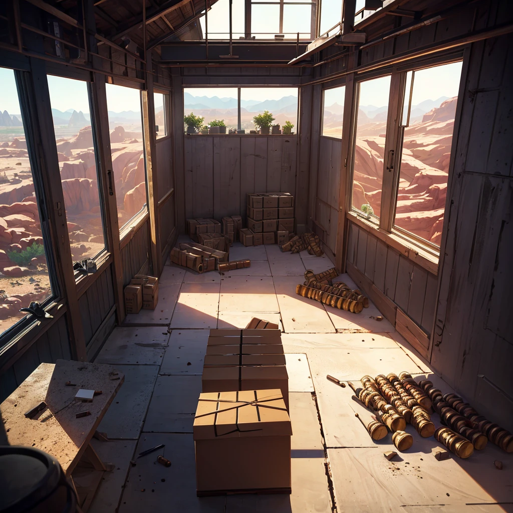 (8K),(masterpiece),absurd, High target, Extremely detailed, (1 Girl:1.3),, rest, Discreet lighting, GLOOMY AMBIANCE, Dark Shadows, Subtle highlights, Mysterious atmosphere, rest, Panoramic photography, Wide-angle viewing angle, Stunning scenery, Excellent scenery, Broad scene, Visual Depth, Stunning perspective, (Wasteland of Doom), (Red Rock Canyon), Looking out from the cabin, ((Warehouse window view)), In the foreground are boxes of ammunition and shells