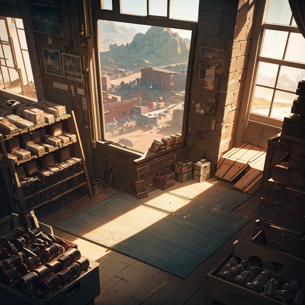 (8K),(masterpiece),absurd, High target, Extremely detailed, (1 Girl:1.3),, rest, Discreet lighting, GLOOMY AMBIANCE, Dark Shadows, Subtle highlights, Mysterious atmosphere, rest, Panoramic photography, Wide-angle viewing angle, Stunning scenery, Excellent scenery, Broad scene, Visual Depth, Stunning perspective, (Wasteland of Doom), (Red Rock Canyon), Looking out from the cabin, ((Warehouse window view)), In the foreground are boxes of ammunition and shells