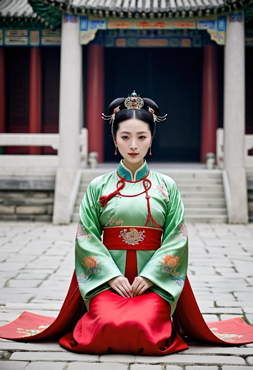 A woman seen from the front, sitting on the ground facing forward with her legs apart. Empress of the Qing Dynasty, Chinese imperial court. The Chinese empress is wearing a crown and a red Manchu dress with a floral pattern, open at the front, exposing her chest, lower abdomen, thighs and feet.。She is wearing no underwear, and her large breasts are exposed, right down to her bare stomach. Her hair is tied up and pulled up, and the background is the stone pavement of the Chinese palace of the Qing Dynasty.