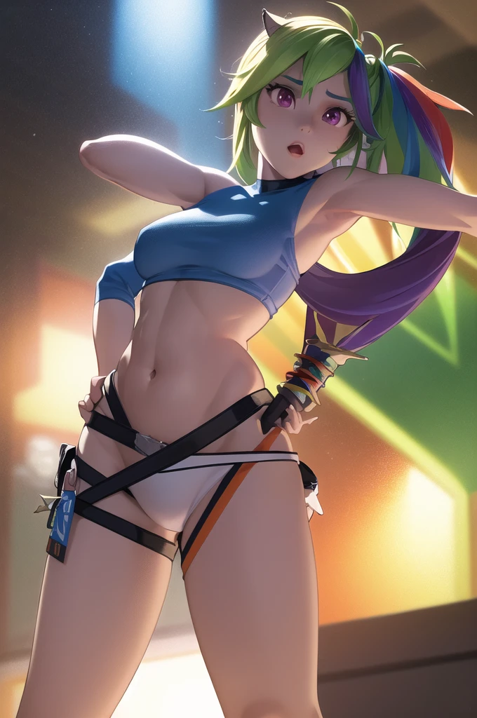 rainbow dash anthro, midriff, belly button, proud, confident, colorful, vibrant, detailed anatomy, full body, (best quality,4k,8k,highres,masterpiece:1.2),ultra-detailed,(realistic,photorealistic,photo-realistic:1.37),HDR,UHD,studio lighting,ultra-fine painting,sharp focus,physically-based rendering,extreme detail description,professional,vivid colors,bokeh,concept art