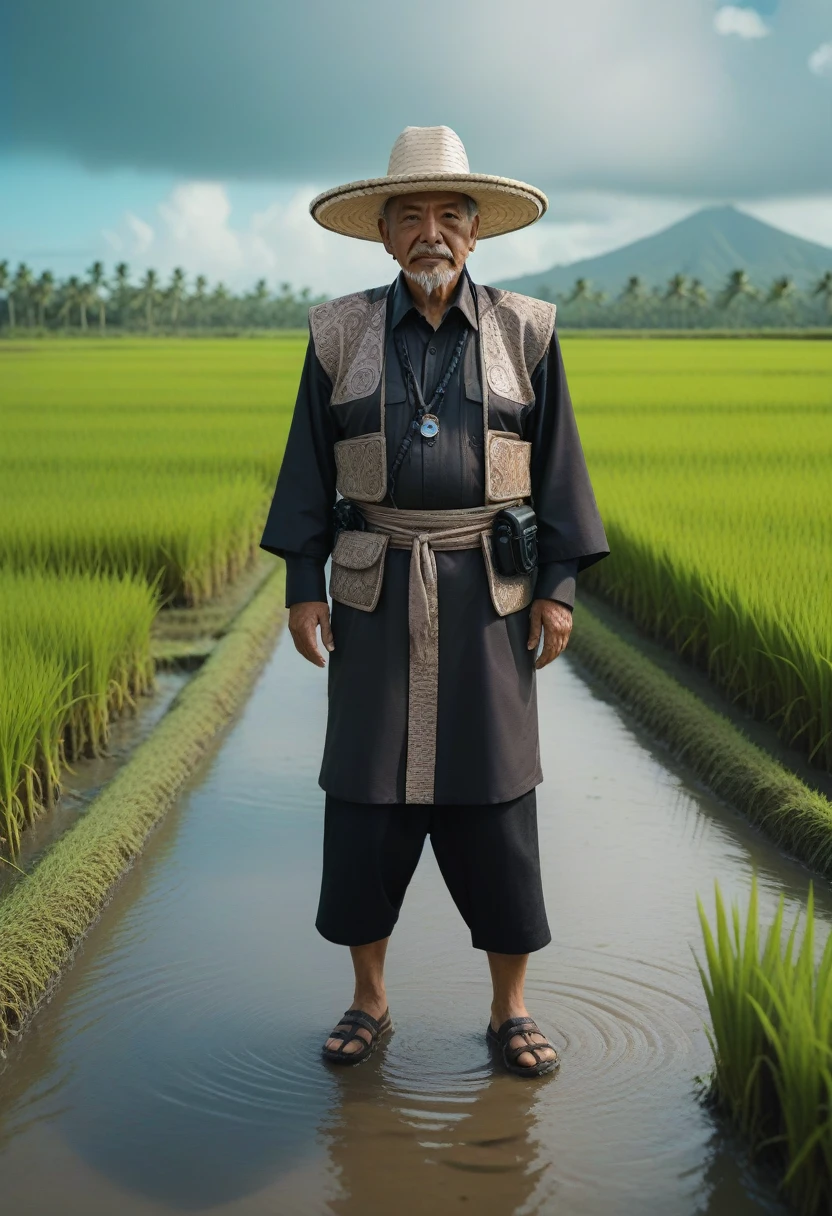 claymotion, a Mexican elder man cyberpunk, standing in Rice Paddy, macro, micro, depth of field, cinematic, color grading