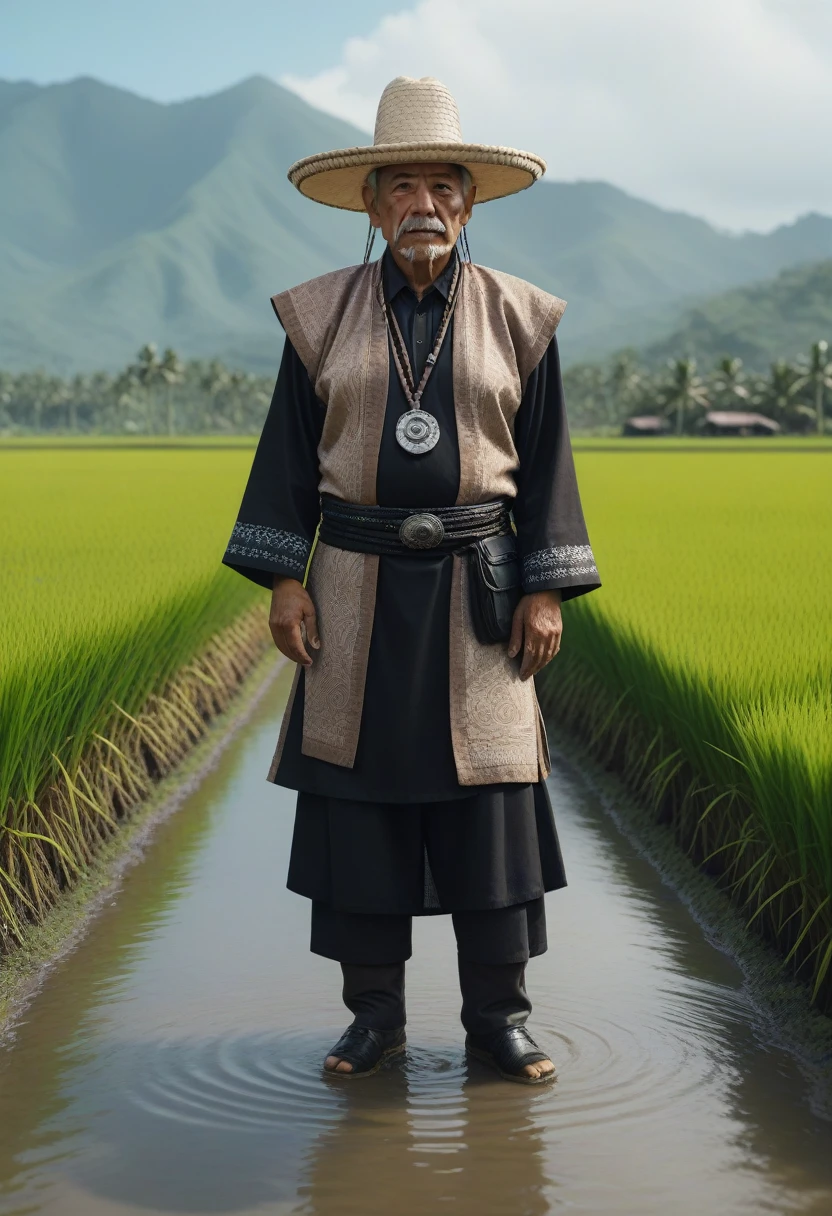 claymotion, a Mexican elder man cyberpunk, standing in Rice Paddy, macro, micro, depth of field, cinematic, color grading